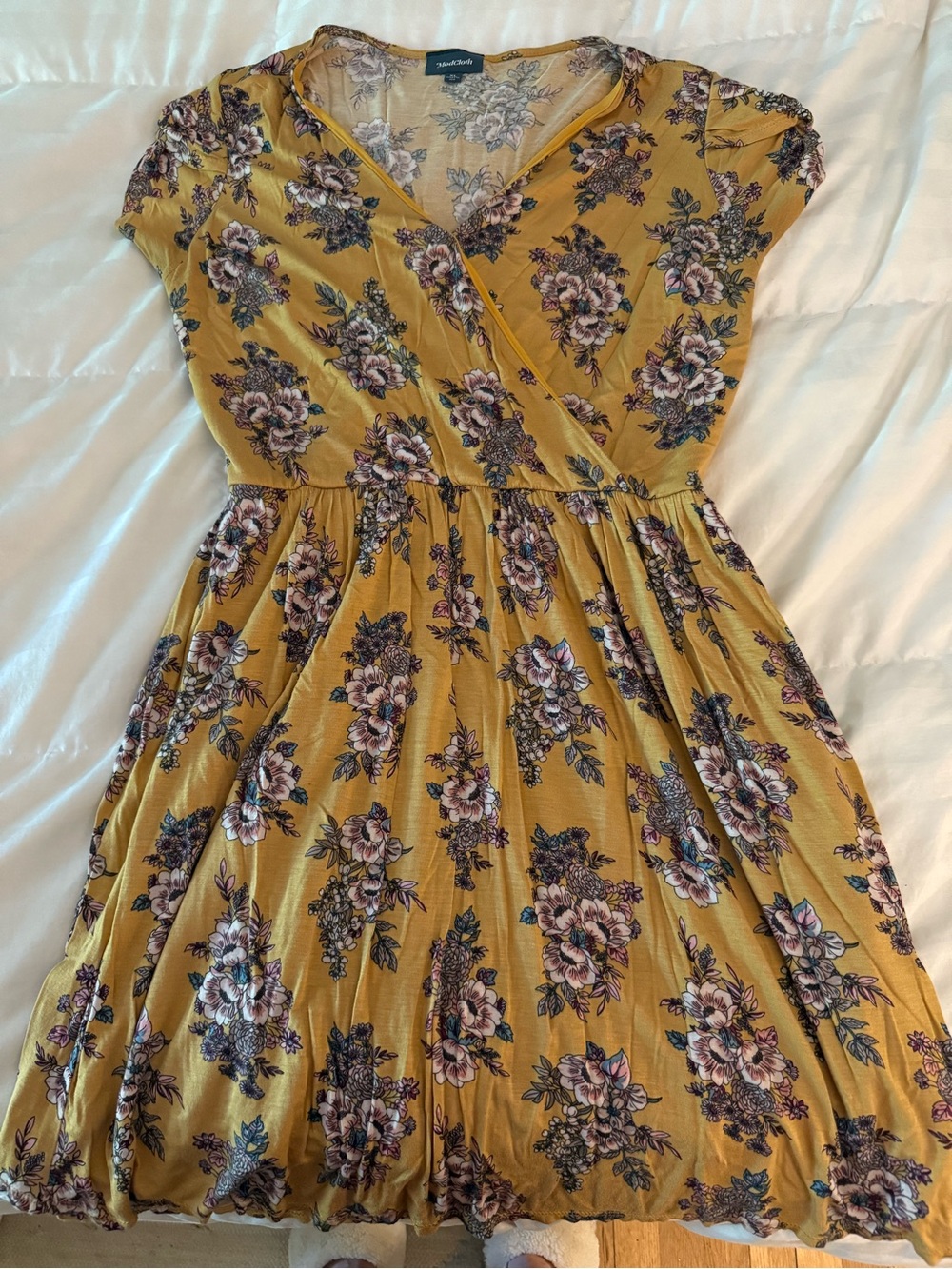 Modcloth Mustard Floral Wrap-Style Midi Dress
